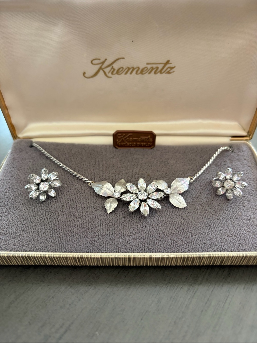Krementz Vintage Silver Floral Crystal Necklace and Earring Set